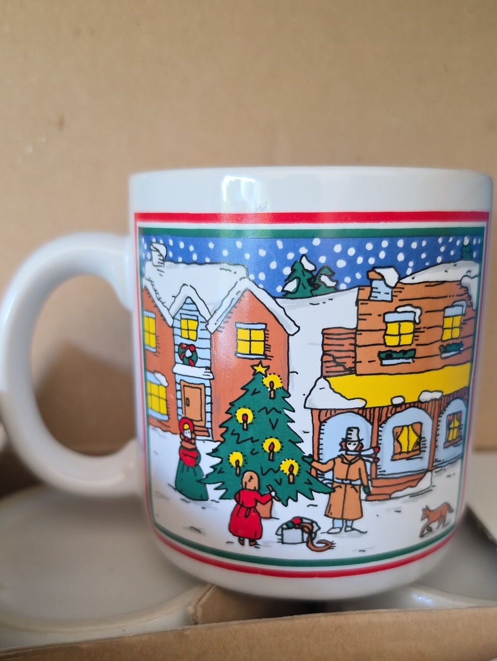 Vintage White Ceramic Holiday Village Mugs